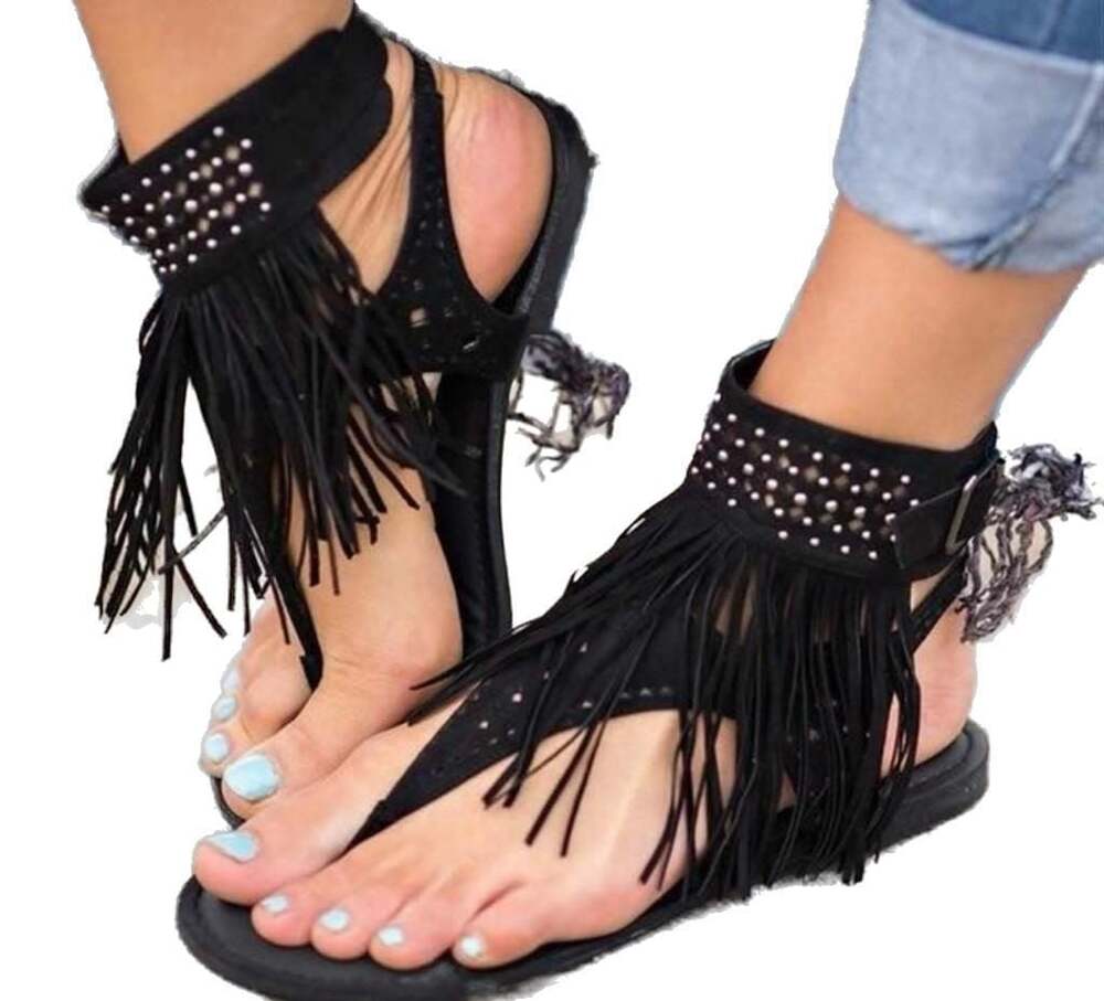 Gorgeous Black Boho Tassel Fringe Studded Ankle Strap Flat Sandals